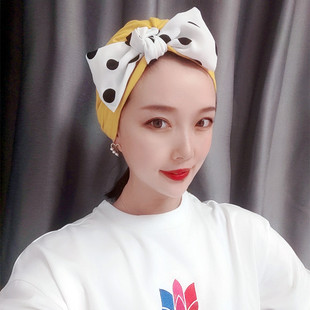 姜黄色白色波点帽子 蝴蝶结帽 夏季月子帽 产妇薄款 防风 甜美