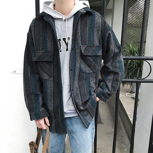 20秋季加厚毛呢条纹衬衫百搭保暖男衬衫潮款毛呢宽松衬衫D505P50图片