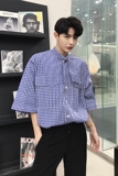 2021夏季新款小众方领青春五分袖宽松格子衬衫男士衬衣D151，男装衬衫，星座312B-1