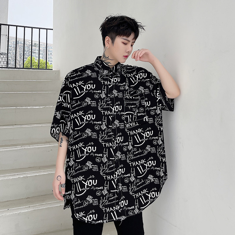 春夏新品ins个性潮牌衬衫男宽松青春流行时尚字母不规则D703P55,男装衬衫,星座312B-1