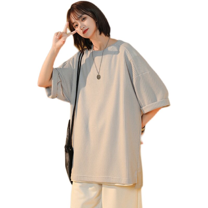 2021夏季新款华夫格舒适时尚潮款宽松五分袖T恤D125P35,女装T恤,星座312B-1