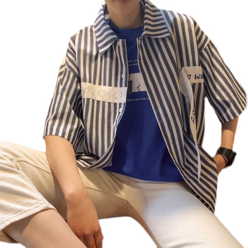 2022夏季新款免烫条纹短袖青少年流行宽松休闲夏季衬衣D519P45,男装衬衫,星座312B-1