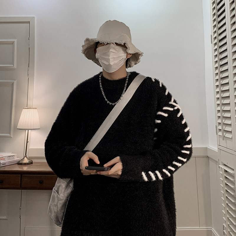 2023秋冬复古宽松重磅手工穿线马海毛针织大毛衣情侣男生D821P85，男装针织衫/毛衣，星座312B-1