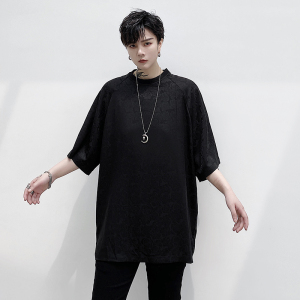 2021夏季小众冰丝宽松薄款圆领提花T恤D654P45,白色上衣搭配围脖图片