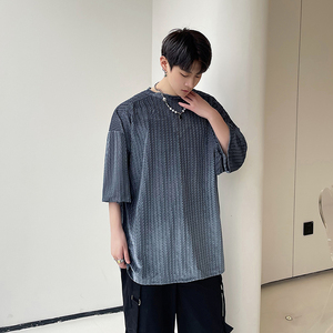 2023夏季金丝绒纯色波浪纹宽松小众休闲男士t恤D843P48图片