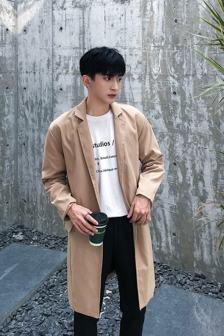 2023秋季潮款长风衣立体剪裁风衣男款小领韩版风衣外套D92P105,男装风衣,星座312B-1