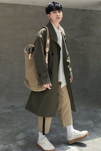 秋季潮款加长纯色百搭男风衣宽松韩版时尚风衣际范D39图片
