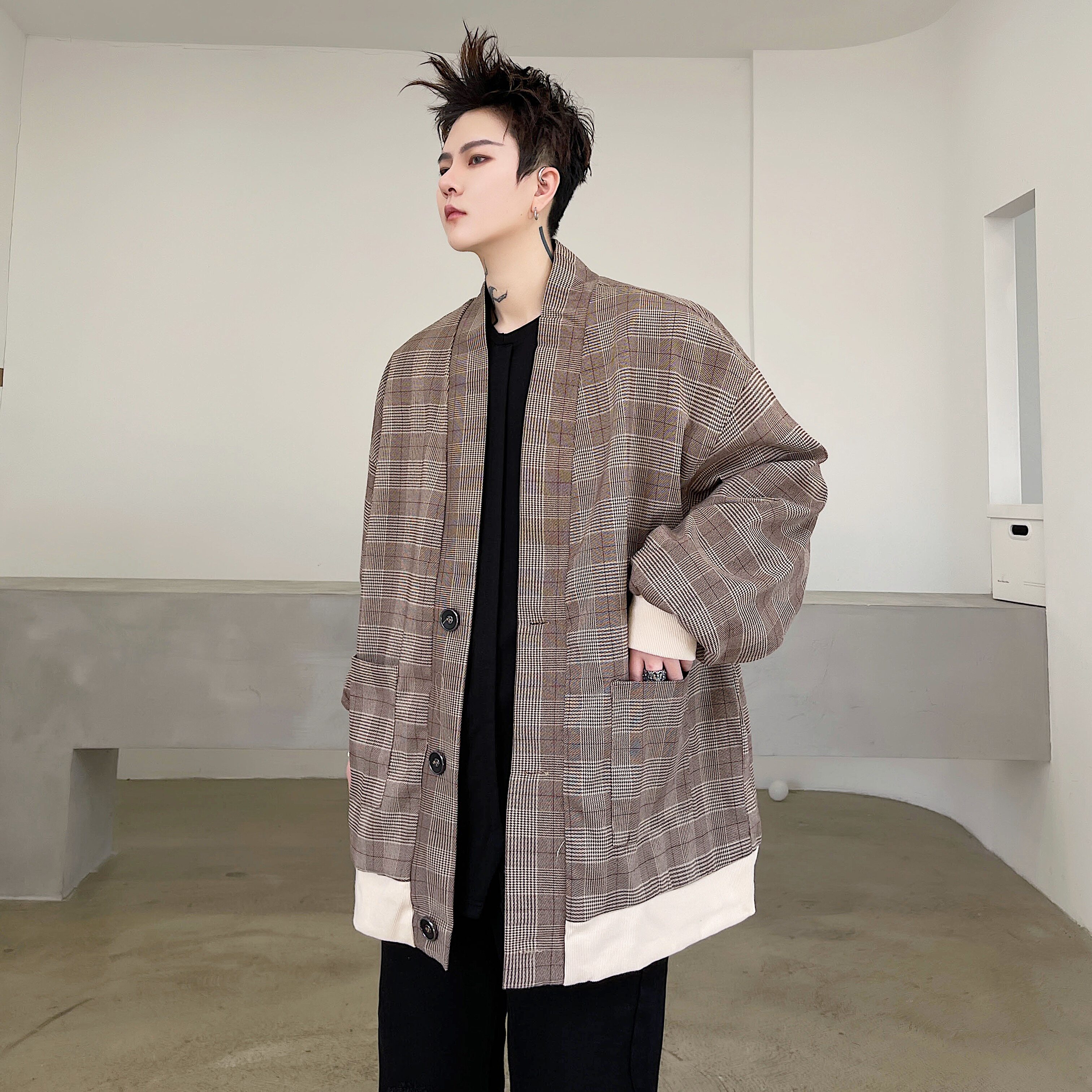 春季潮款宽松日韩夹克男款外套落肩袖格子百搭外套D693P85，男装夹克，星座312B-1