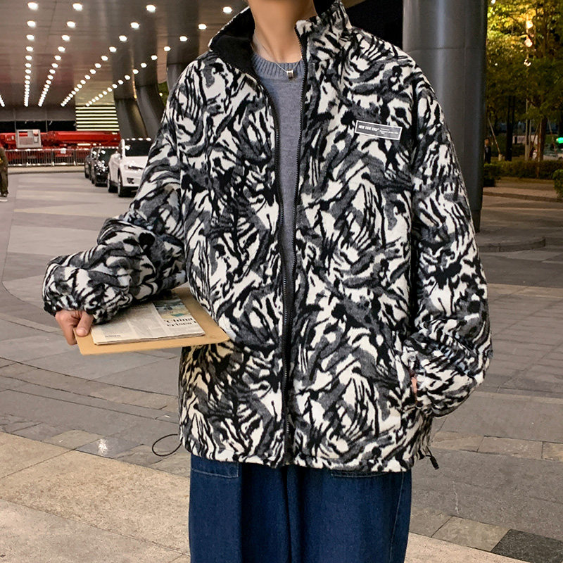 2021年新款豹纹毛绒立领外套潮牌宽松休闲棉衣夹克D119P115，男装棉衣，星座312B-1