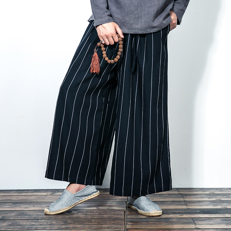 2023春款舒适长裤色织亚麻休闲裤竖细条纹宽松男长裤D20P78，男装休闲裤，星座312B-1