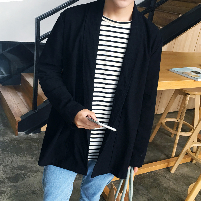 2023秋季亚麻翻领无扣风衣 风亚麻汉服 男开衫D231P45图片