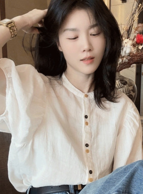2026新款法式高级感白色短袖衬衫女装夏季薄款宽松泡泡袖上衣衬衣