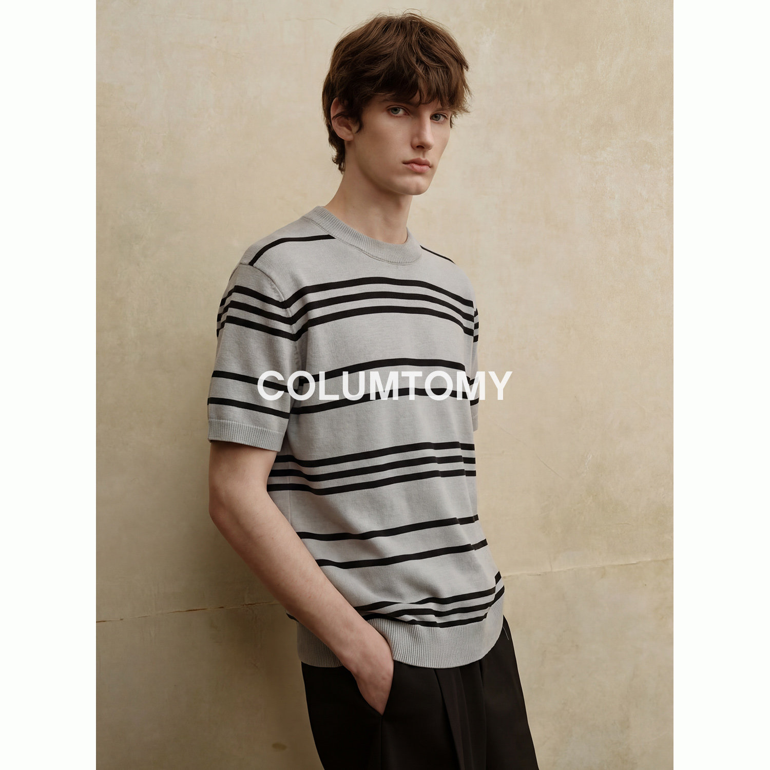 老钱风撞色条纹针织圆领短袖T恤男士Cleanfit休闲2026年夏季新款