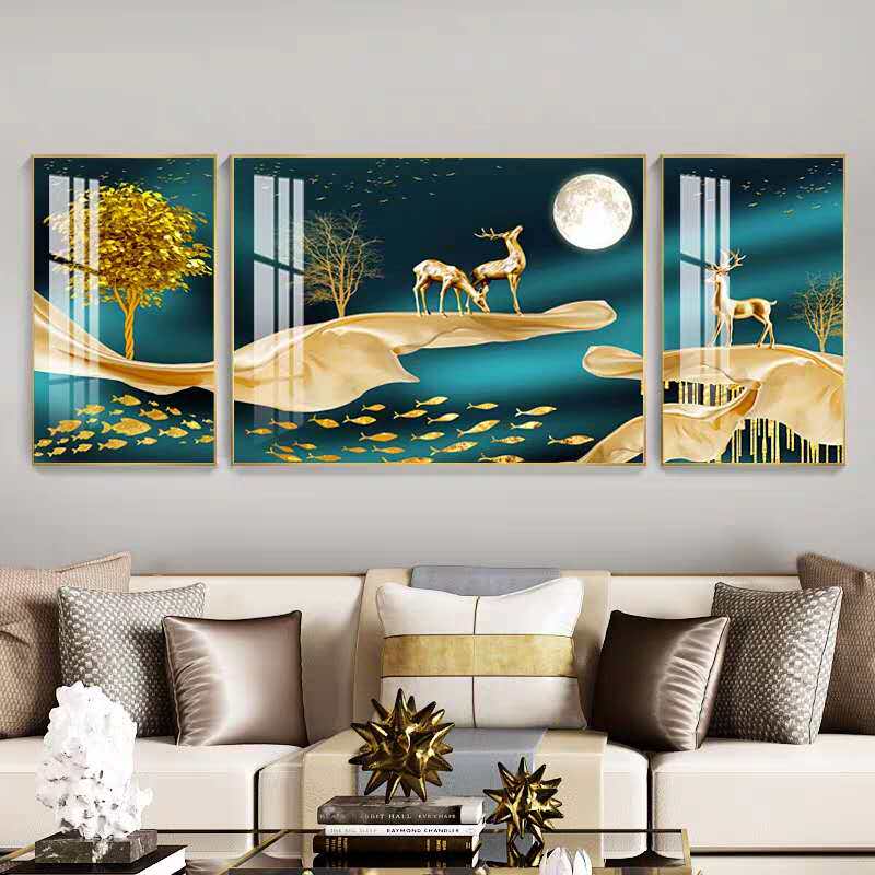 麋鹿晶瓷沙发背景墙餐厅招财北欧客厅装饰画三联画现代简约冰晶画