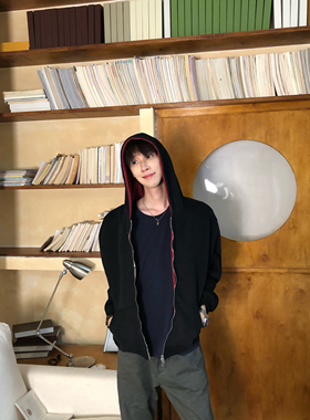 BUFANSTUDIO撞色拼接连帽卫衣重磅开衫外套男款潮牌百搭上衣短款