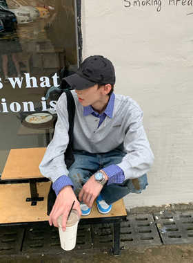 BUFANSTUDIO少年感假两件拼接衬衫领polo衫小众设计长袖T恤卫衣潮