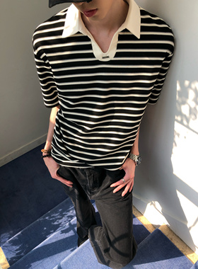 BUFANSTUDIO设计小V领条纹polo衫短袖T恤男夏季宽松休闲百搭上衣