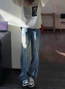 BUFANSTUDIO秋冬Dirtyfit趋势破坏绳结直筒牛仔裤洗水干净穿搭男