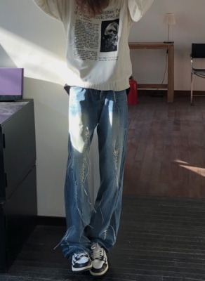 编织绳洗水长裤牛仔裤