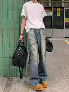 BUFANSTUDIO美式复古水洗做旧扎染牛仔裤脏脏裤男宽松直筒拖地裤