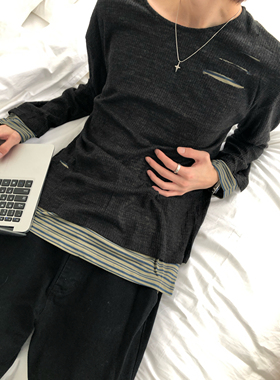 BUFANSTUDIO薄纱破洞里布条纹拼接假两件长袖T恤慵懒打底衫上衣