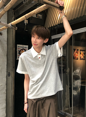 BUFANSTUDIO高质感假两件Polo撞色拼接条纹学院风短袖上衣老钱男