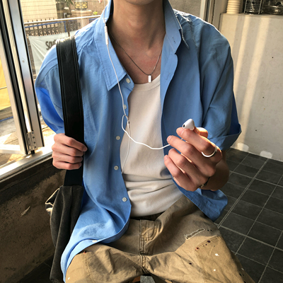 BUFANSTUDIO莱赛尔亚麻清透蓝色短袖衬衫夏季休闲慵懒风cleanfit