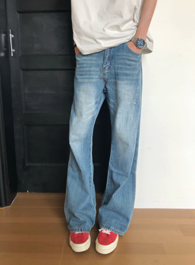BUFANSTUDIO闪电波纹冰蓝牛仔裤水洗微喇直筒长裤男cleanfit休闲