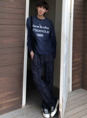 BUFANSTUDIO25AW定织格纹长裤对称拼接全棉直筒休闲裤男cleanfit