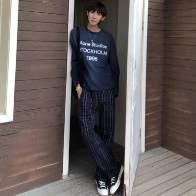 直筒全棉定织格纹对称拼接25新款