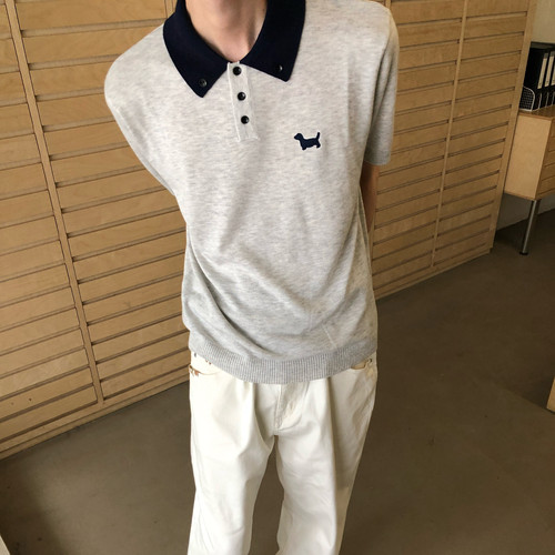 BUFANSTUDIO桑蚕丝混纺腊肠小狗袖标撞色翻领短袖夏季休闲简约T恤