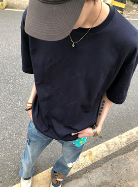 BUFANSTUDIO“满绣”草写logo小众刺绣短袖T恤男女潮宽松百搭上衣