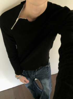 BUFANSTUDIO斜侧拉链显身材圆领长袖T恤慵懒舒适上衣基础简约老钱