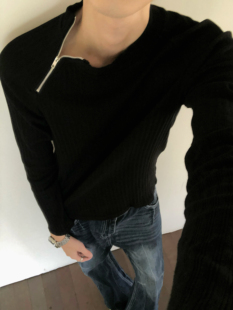 BUFANSTUDIO斜侧拉链显身材圆领长袖T恤慵懒舒适上衣基础简约老钱