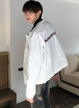 BUFANSTUDIO穿梭设计logo刺绣牛仔夹克撞色领拼接外套男vibe上衣