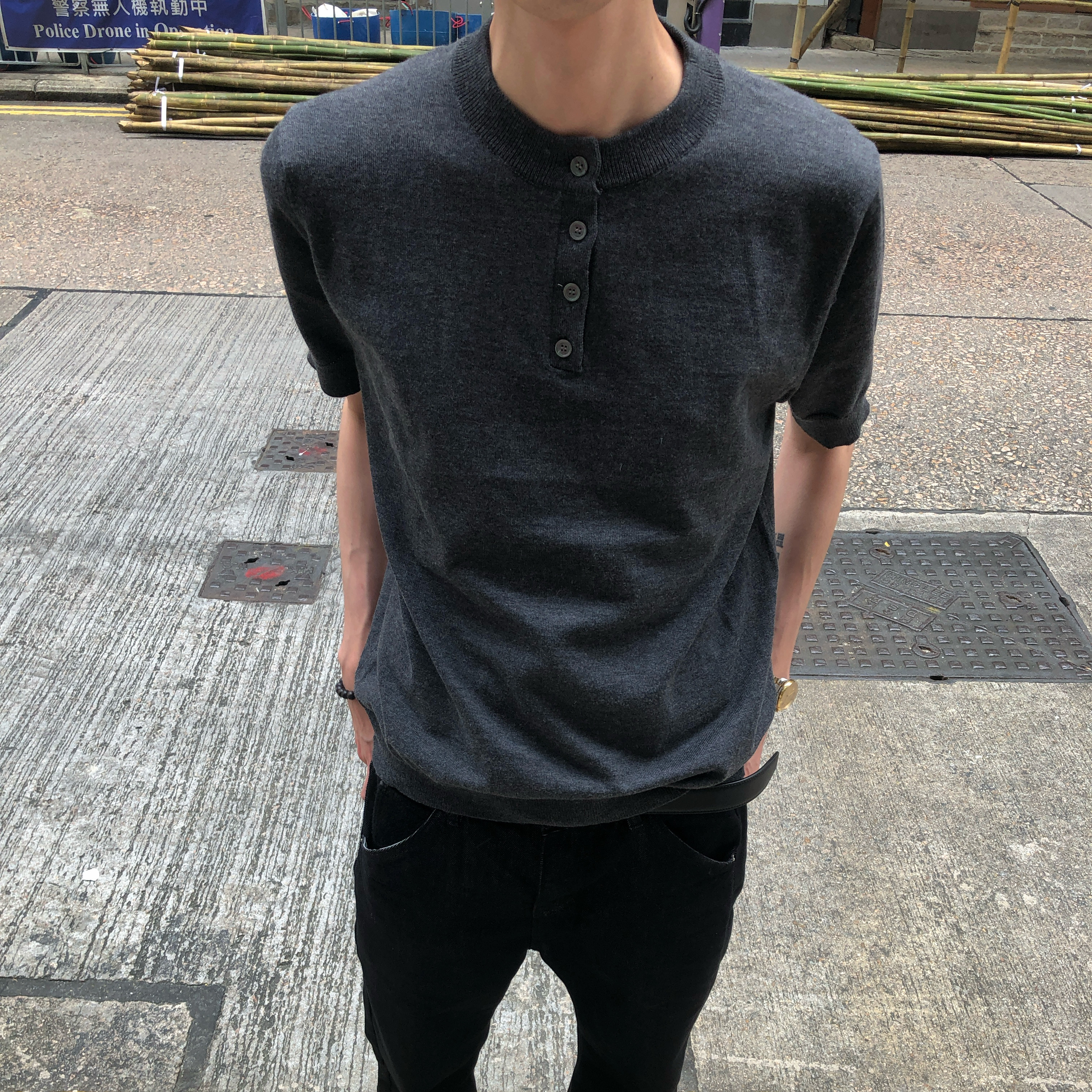 BUFANSTUDIO静奢四扣圆领正肩修身简约针织衫老钱风半袖上衣纯色
