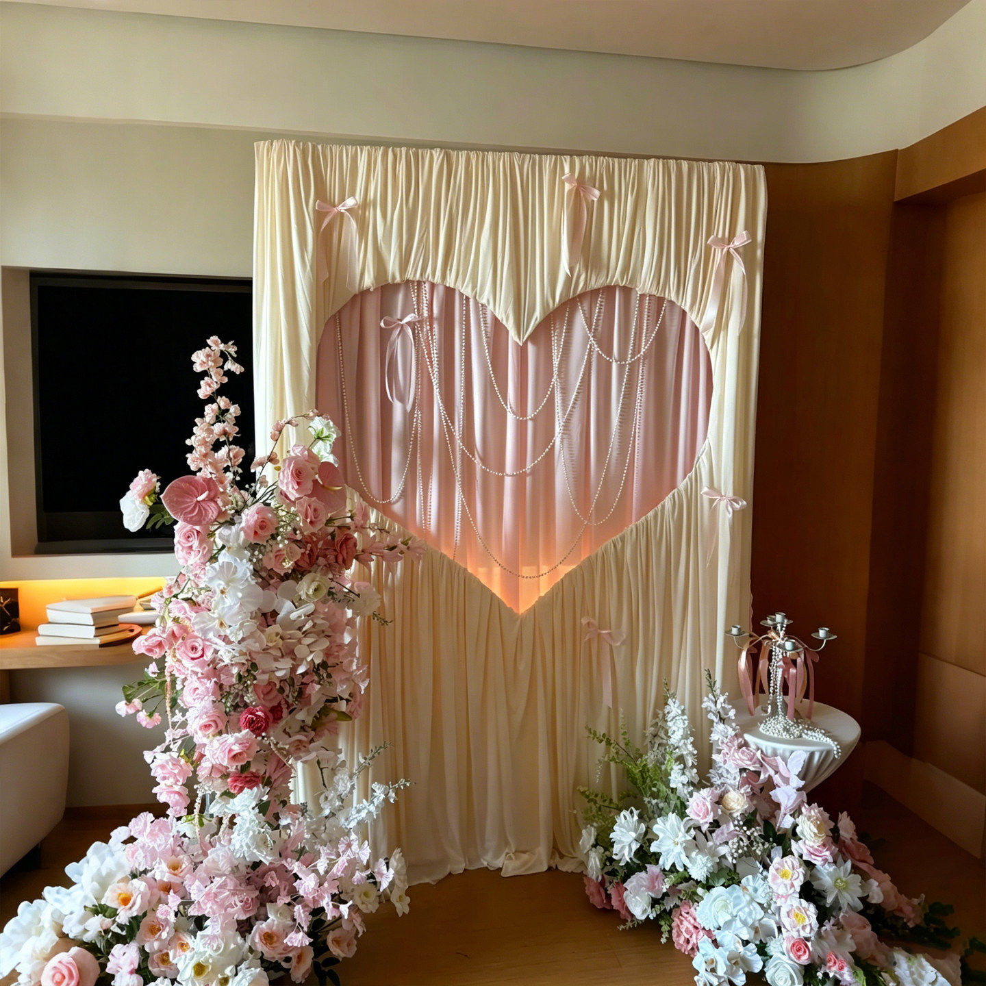 婚房布置结婚装饰女方卧室布幔场景简单大方氛围感晨袍拍照背景墙图片