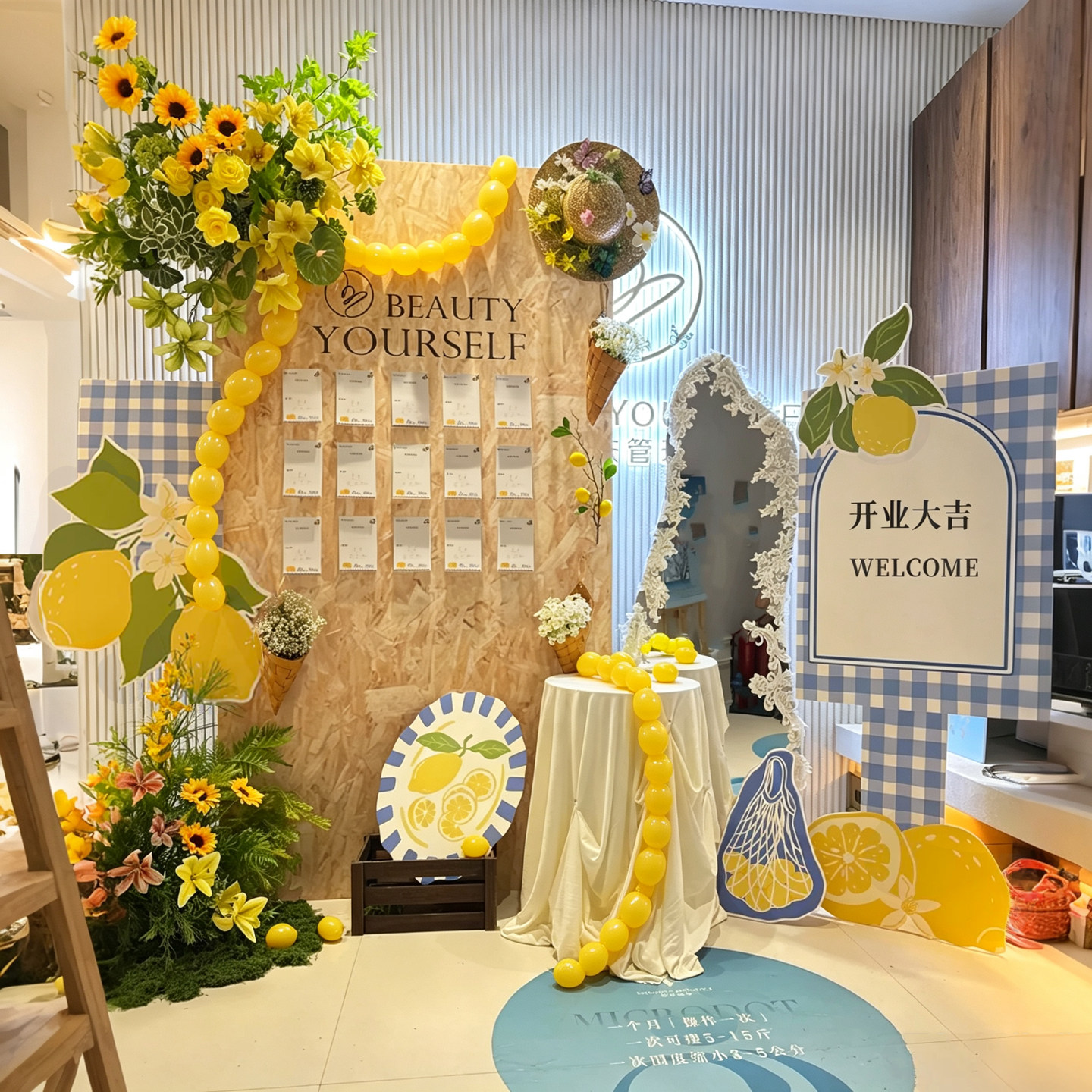 美容店周年庆室外公司年会活动布置店铺开业气球kt背景板木纹柠檬