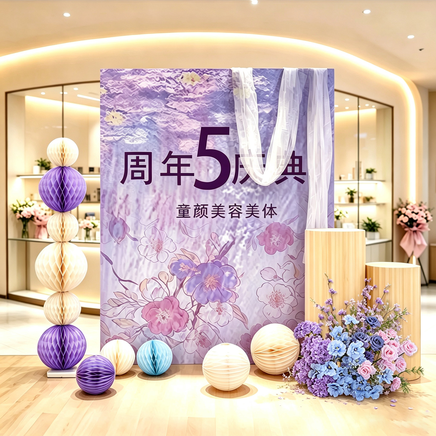 紫色唯美莫奈花园油画风周年庆新店开业订婚宴婚礼背景KT板布置