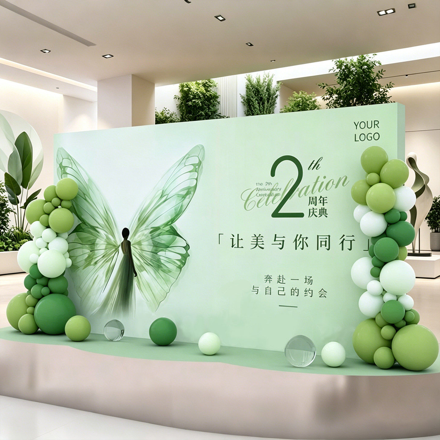 绿色系周年庆典场景氛围布置新店开业大吉装饰拍照背景签到墙kt板
