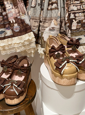 现货丨捉迷藏丨lolita鞋厚底仿木纹可爱圆头蝴蝶结松糕鞋