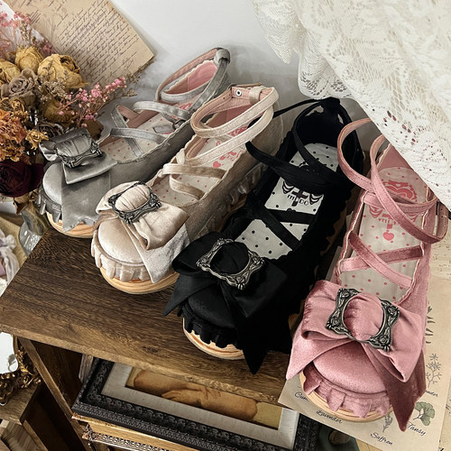 【现货】画框千层丨lolita鞋木纹底圆头蝴蝶结丝绒松糕鞋