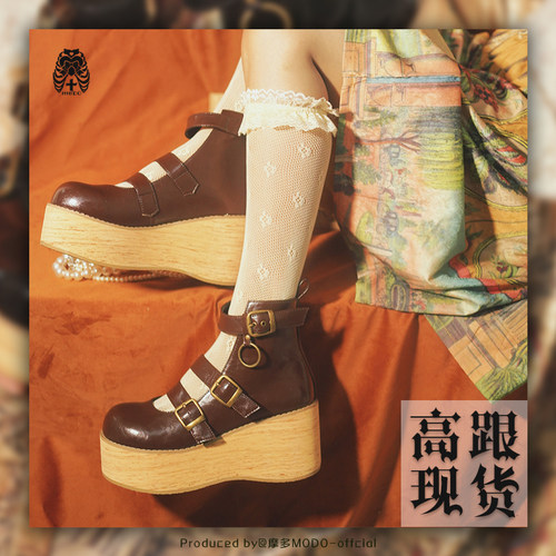 松糕高跟圆头复古风厚底鞋现货