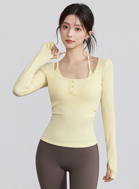 VOJ瑜伽服假两件挂脖运动上衣设计感修身显瘦长袖秋季紧身训练服