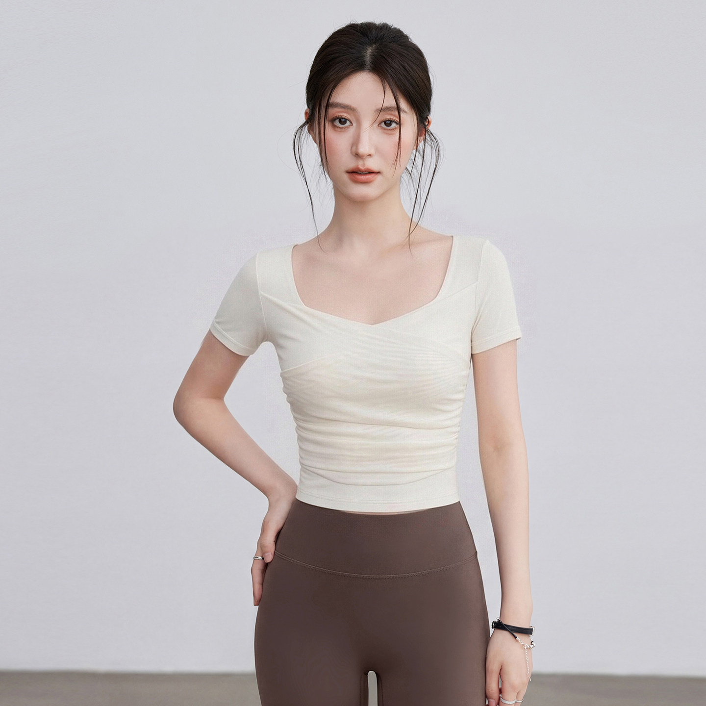VOJ瑜伽服女夏修身跑步运动短袖t恤网纱健身服上衣防震文胸普拉提