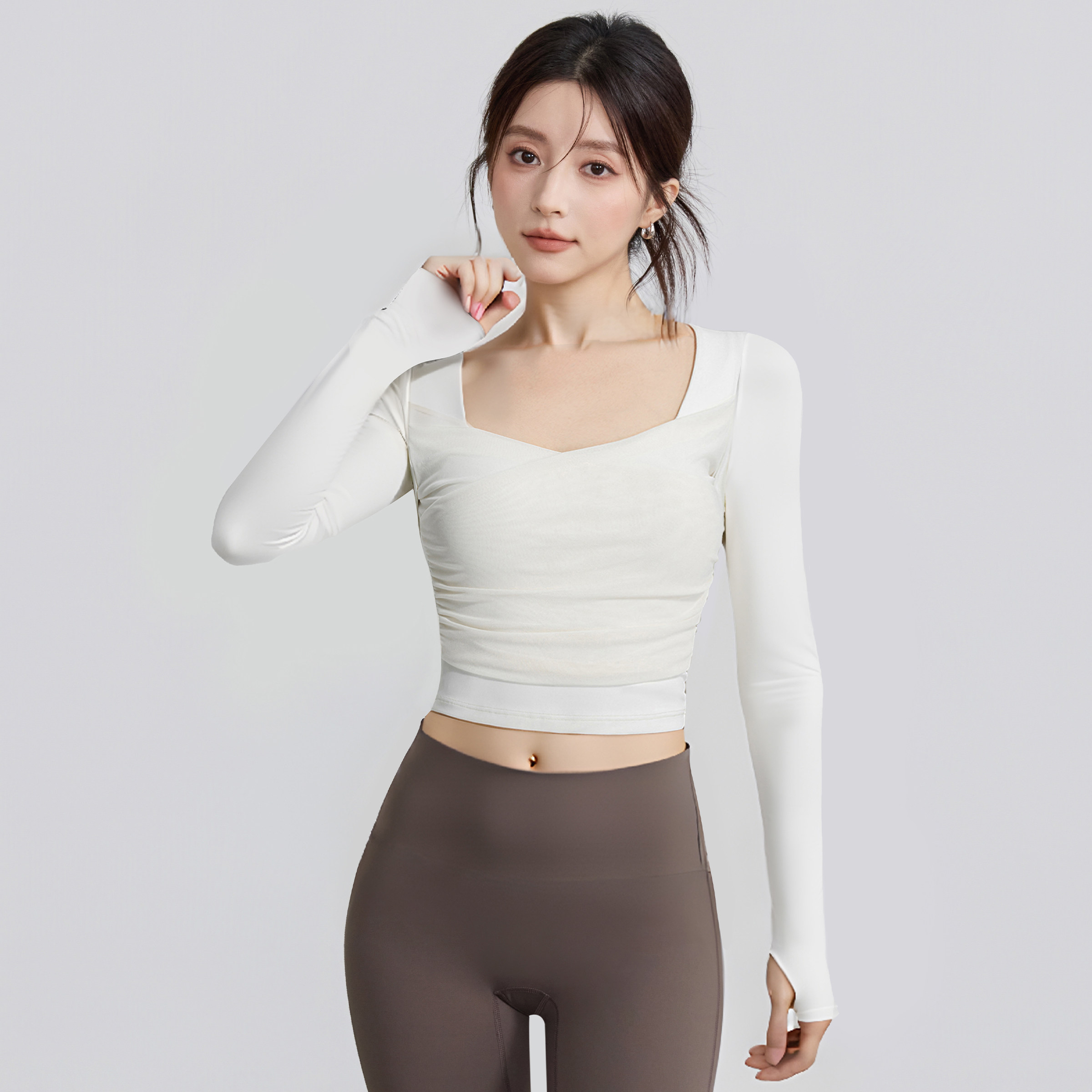 VOJ瑜伽服女修身网纱上衣健身服