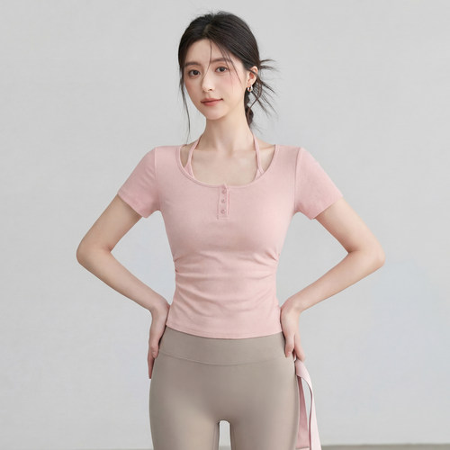 VOJ瑜伽服假两件带胸垫运动上衣