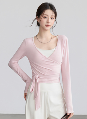 VOJ瑜伽上衣绑带修身健身服罩衫长袖舞蹈训练服普拉提速干运动衣