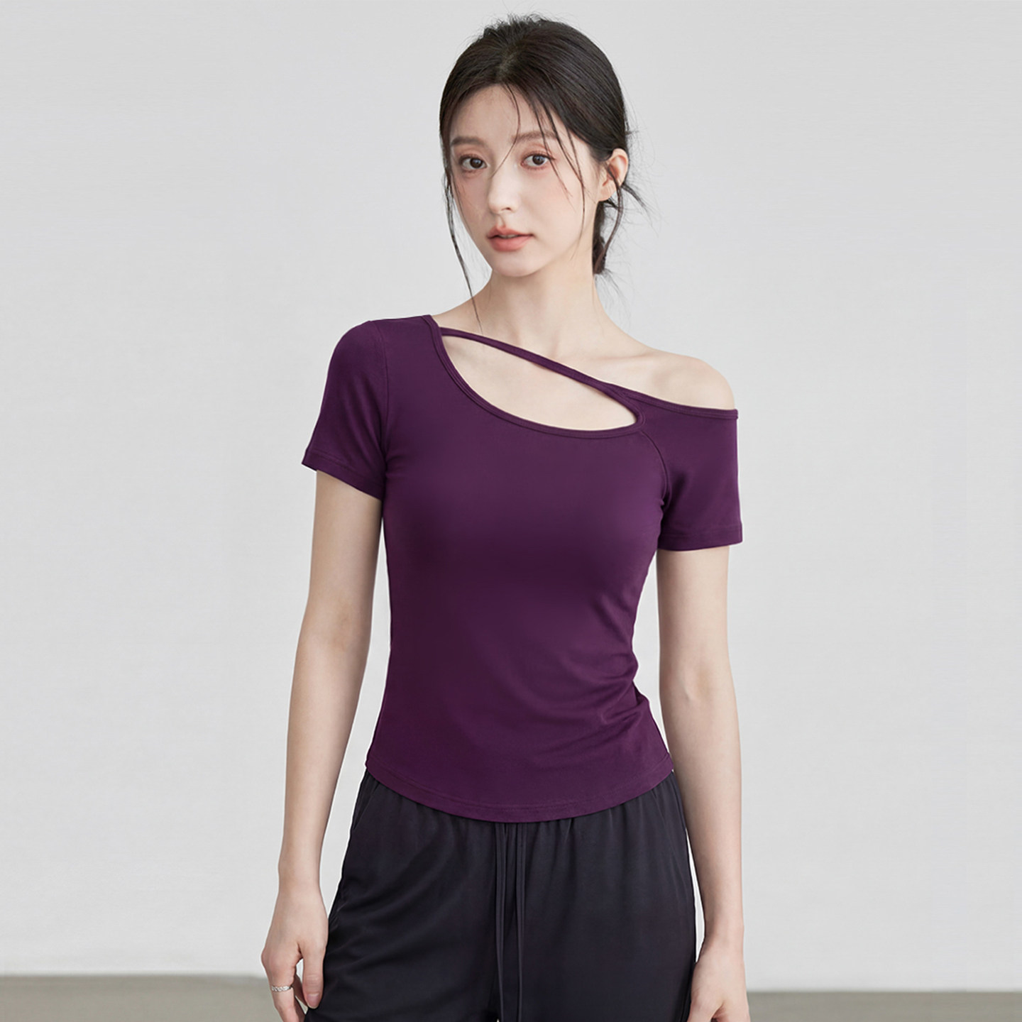 VOJ镂空瑜伽服女露肩运动上衣修身跑步训练健身衣普拉提修身短袖