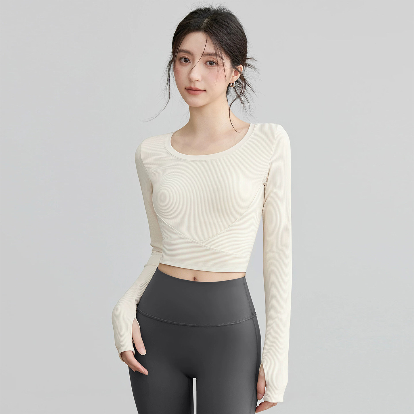 VOJ瑜伽服长袖女秋季带胸垫跑步健身套装打底普拉提训练运动上衣